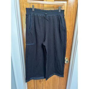 Athleta Hybrid Cropped MED Wide Leg Fleece Lined Pants Black Elastic Waist